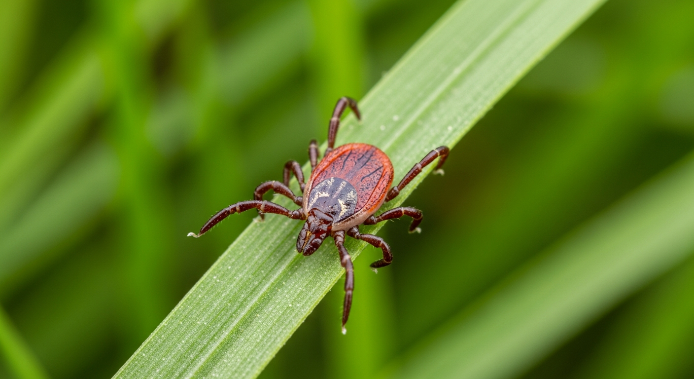 Close-up of a tick on a grass blade