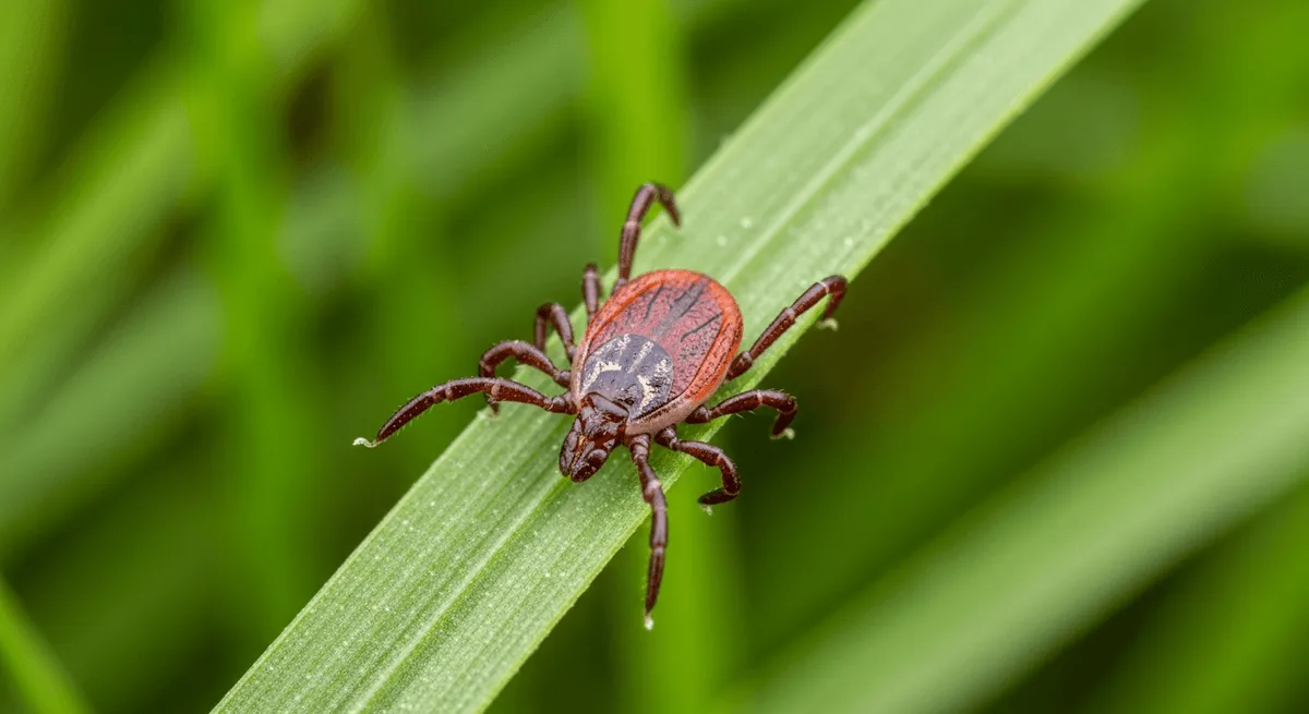 Close-up of a deer tick on a grass blade in a Massachusetts yard