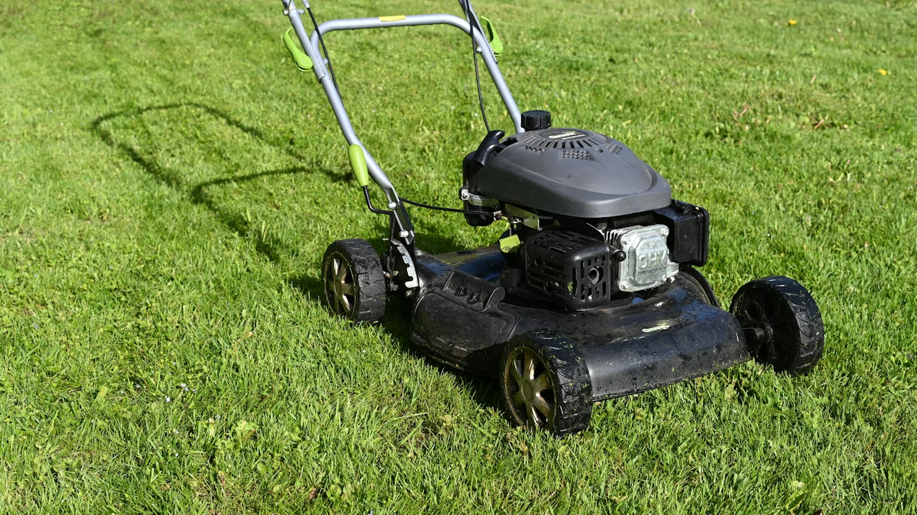 Lawn mower on healthy green grass