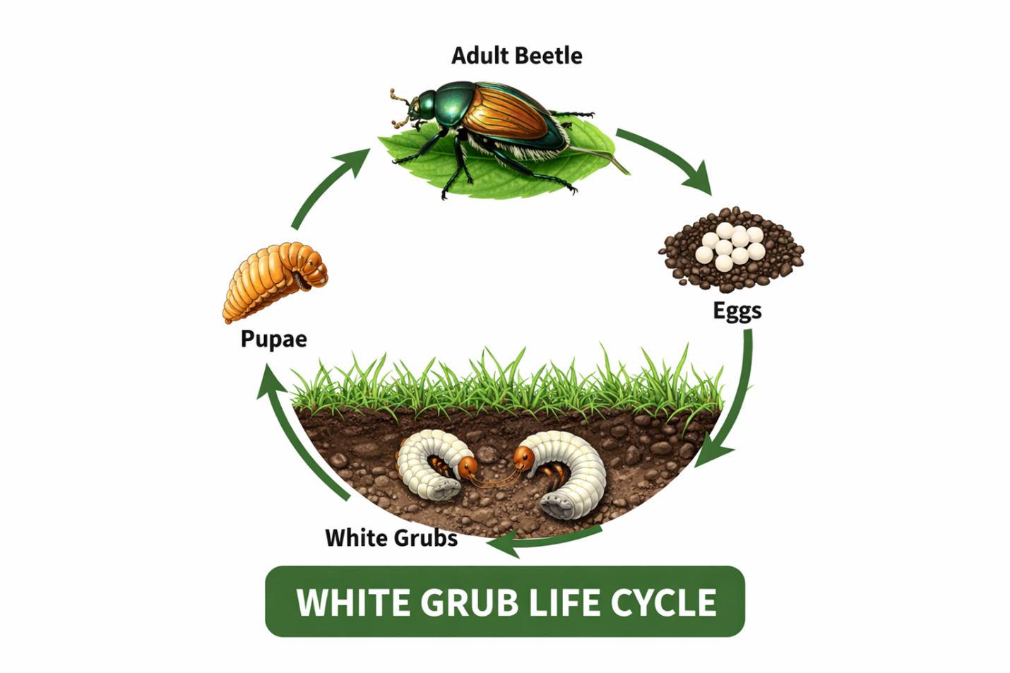 White grub life cycle diagram showing adult beetle, eggs, white grubs, and pupae stages