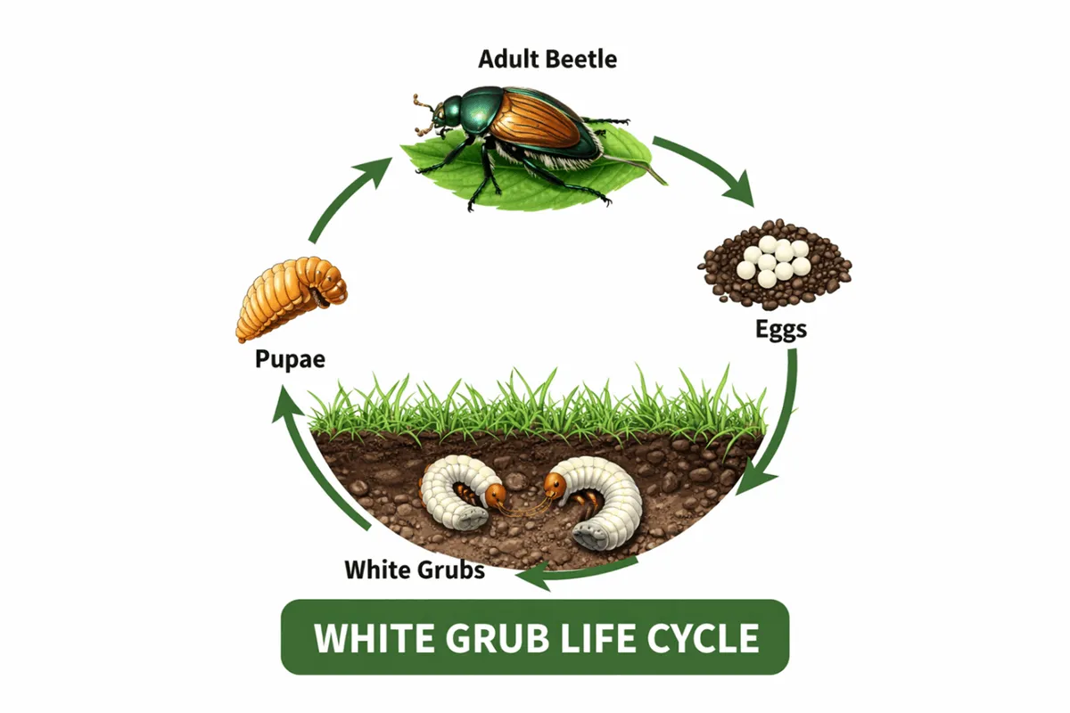 White grub life cycle diagram showing adult beetle, eggs, white grubs, and pupae stages