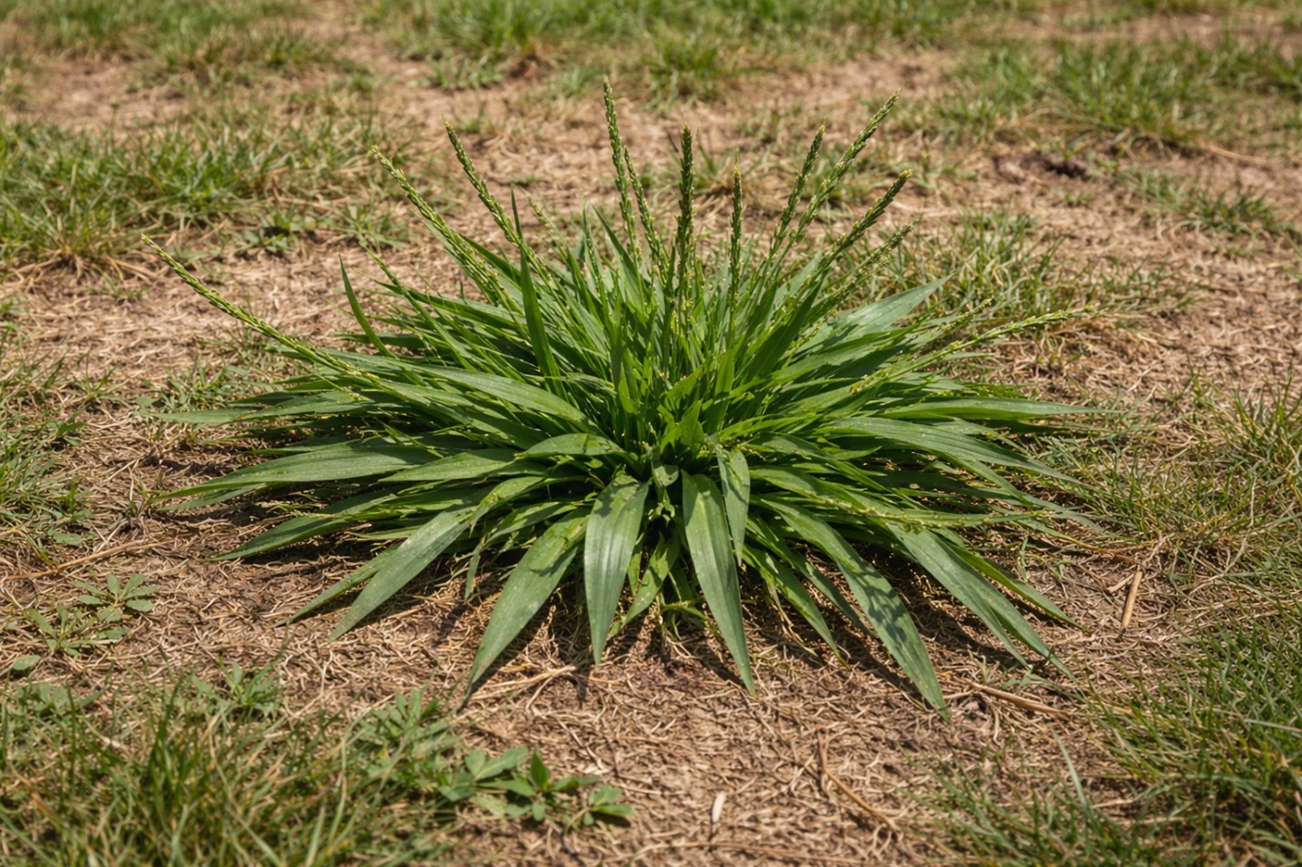 Large crabgrass plant growing in lawn