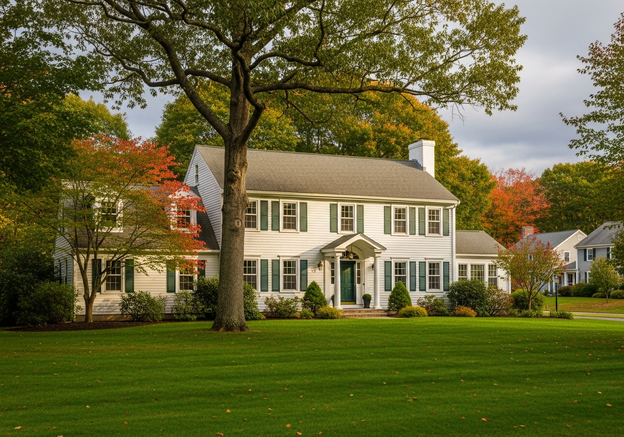 Massachusetts colonial home with well-maintained green lawn